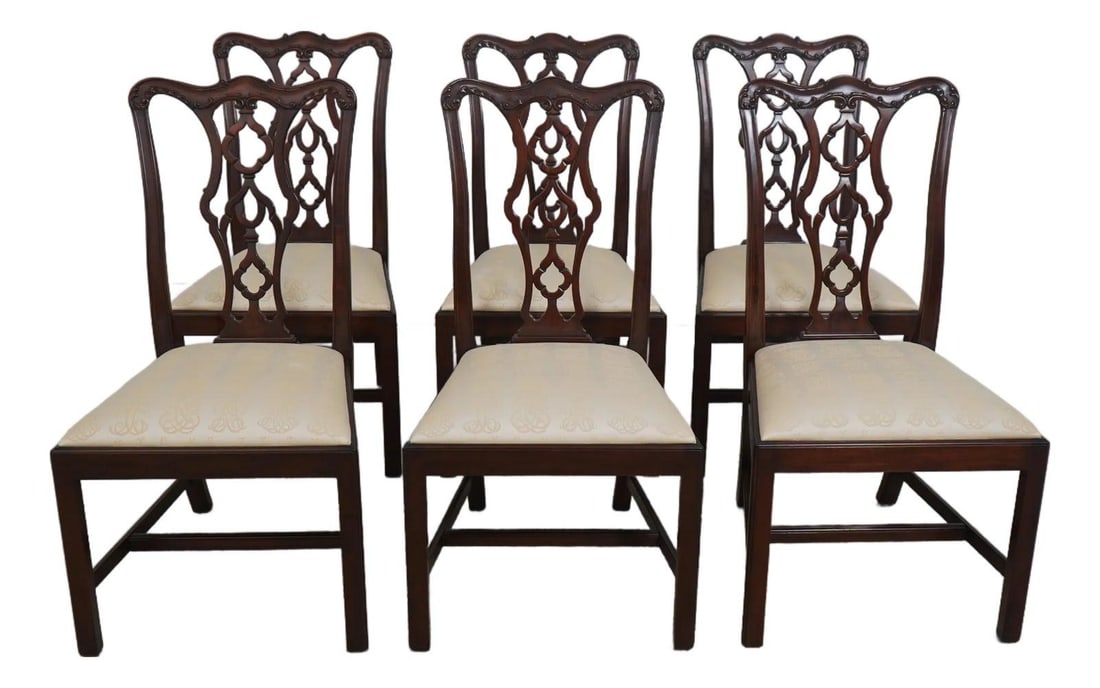 Six Mahogany Chippendale Side Chairs by Henkel Harris Model 115 Set of 6: Six Mahogany Chippendale Side Chairs by Henkel Harris Model 115 Set of 6 This set of six side dining chairs features classic Chippendale styling crafted in mahogany with fine carved details. Made by H