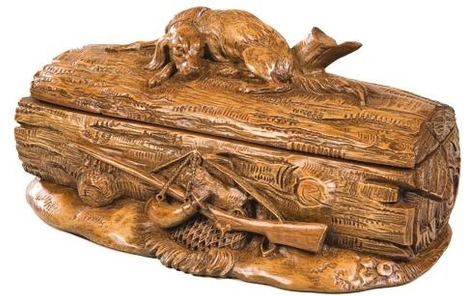 USA-Made Lodge Style Resin Hunting Dog Lidded Box: USA-Made Lodge Style Resin Hunting Dog Lidded Box This item is made at time of order. Please allow 42 to 70 days for production. Discover this beautifully crafted USA-made lidded box featuring a charm