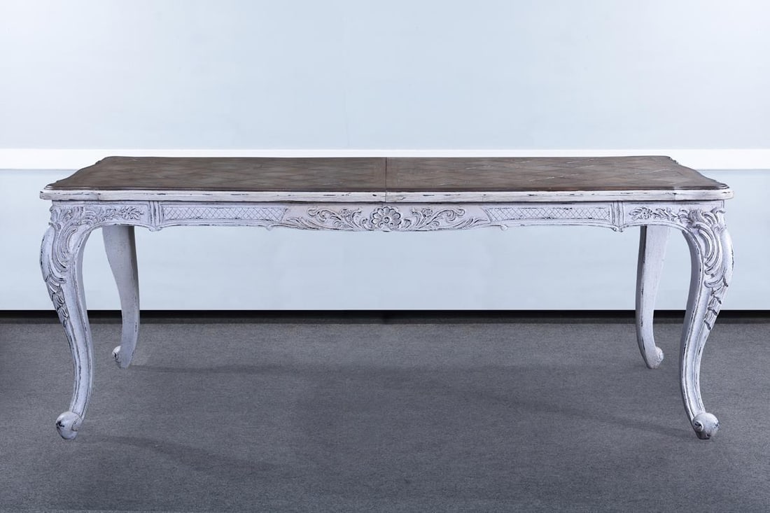 French Country Expandable Dining Table Solid Wood Antiqued White: French Country Expandable Dining Table Solid Wood Antiqued White Introducing the French Country Expandable Dining Table, a beautifully crafted piece designed to enhance your dining experience with its