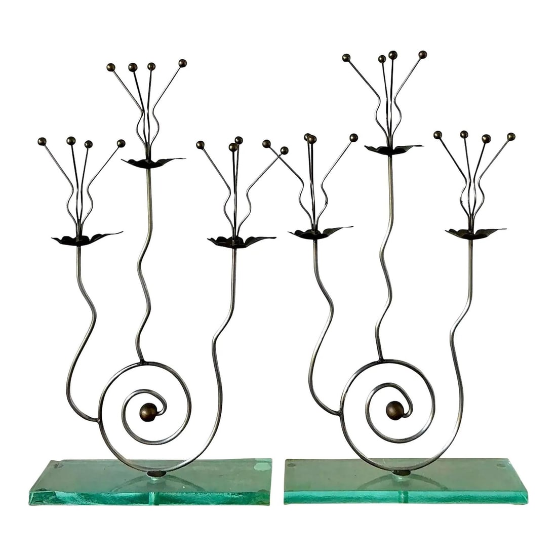 Pair of Postmodern Three-Light Candelabras in the Style of Tony Evans: Pair of Postmodern Three-Light Candelabras in the Style of Tony Evans This pair of vintage postmodern candelabras features a sculptural design inspired by Tony Evans, reflecting the playful and kineti