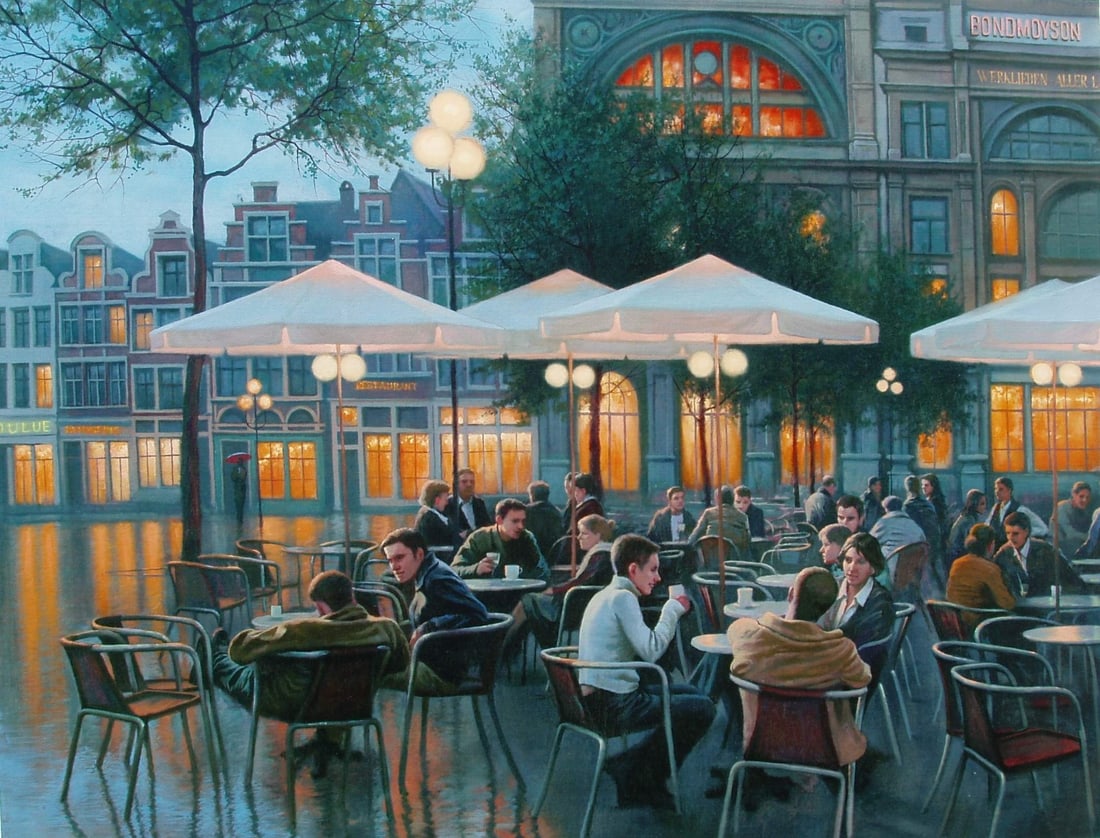 Alexei Butirskiy Evening Cafe Signed Limited Edition Giclee Canvas 28x36: Alexei Butirskiy Evening Cafe Signed Limited Edition Giclee Canvas 28x36 This stunning limited edition giclee print titled "Evening Cafe" by artist Alexei Butirskiy captures a serene moment in a cafe 