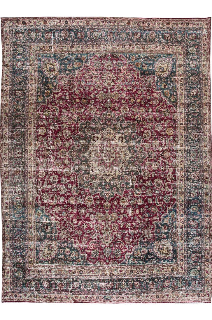 Antique Handmade Mashad Persian Wool Rug Red Medallion 11'3 x 15'3: Antique Handmade Mashad Persian Wool Rug Red Medallion 11'3 x 15'3 Explore the elegance of this stunning antique Mashad wool rug, meticulously hand-knotted to showcase a rich red field beautifully com