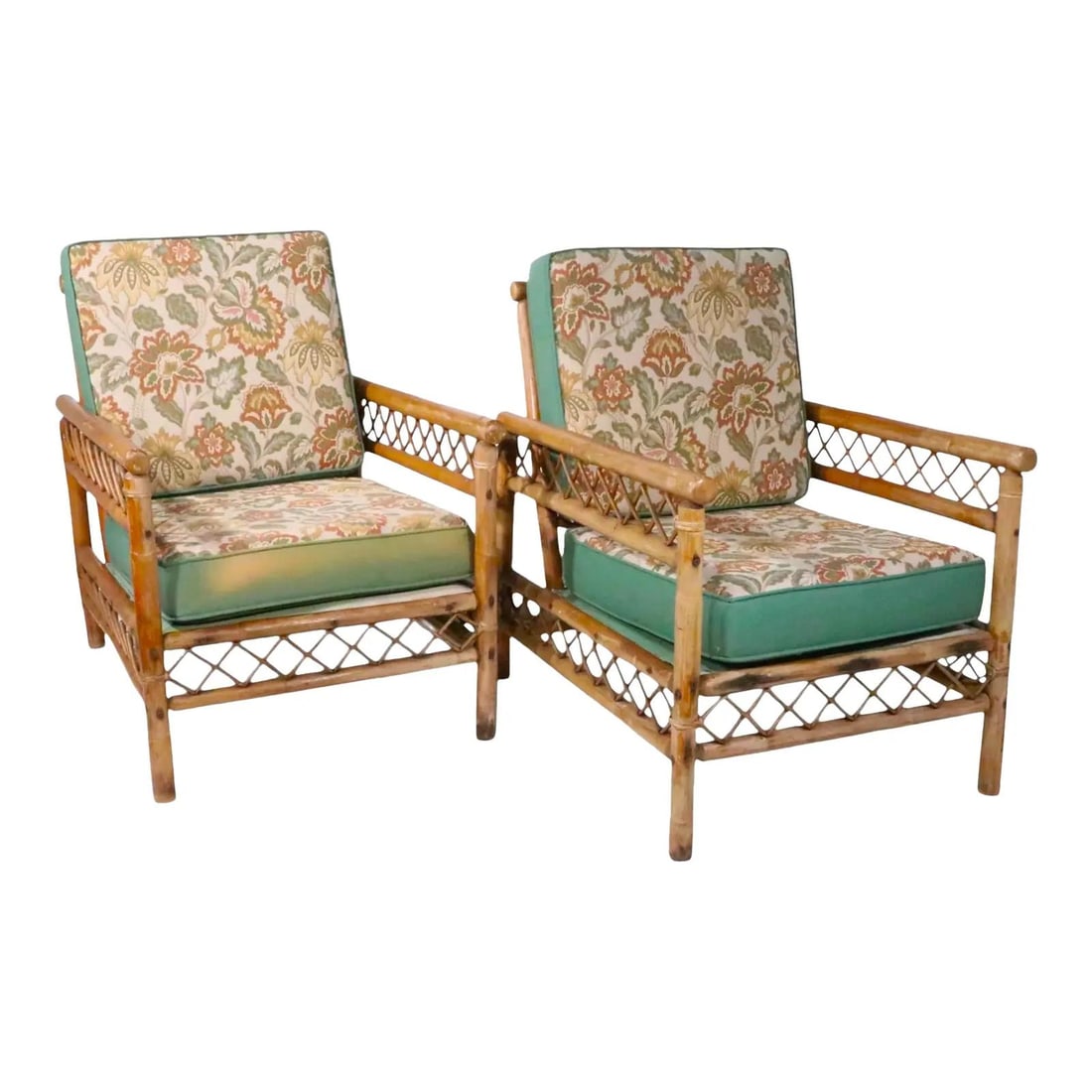 Pair of Vintage Bamboo Lounge Armchairs with Crosshatch Weave Mid 20th Century: Pair of Vintage Bamboo Lounge Armchairs with Crosshatch Weave Mid 20th Century Pair of mid-20th century bamboo lounge chairs featuring bamboo frames with decorative cross-hatched weave details. Both c