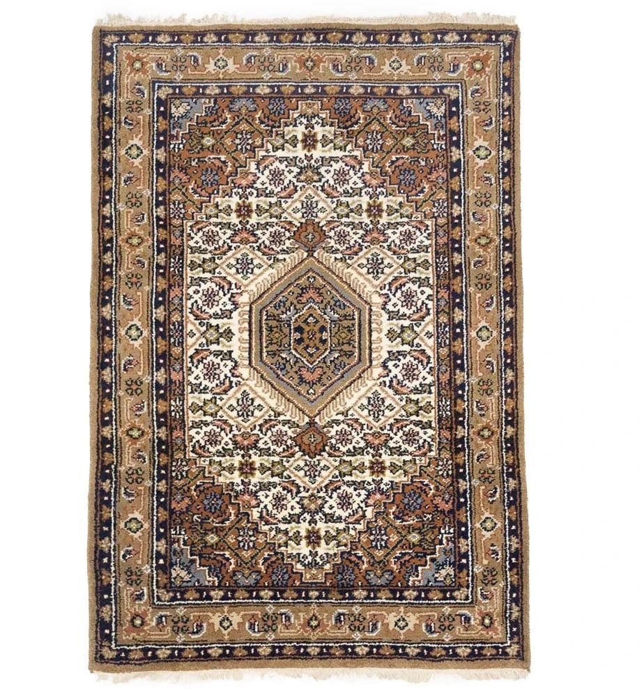 4'1 x 6'1 Wool Hand-Knotted Floral Indo-Bidjar Tribal Rug: 4'1 x 6'1 Wool Hand-Knotted Floral Indo-Bidjar Tribal Rug This handmade Tribal Indo-Bidjar area rug features a floral pattern in cream, beige, orange, light olive, purple, and navy tones. Crafted from