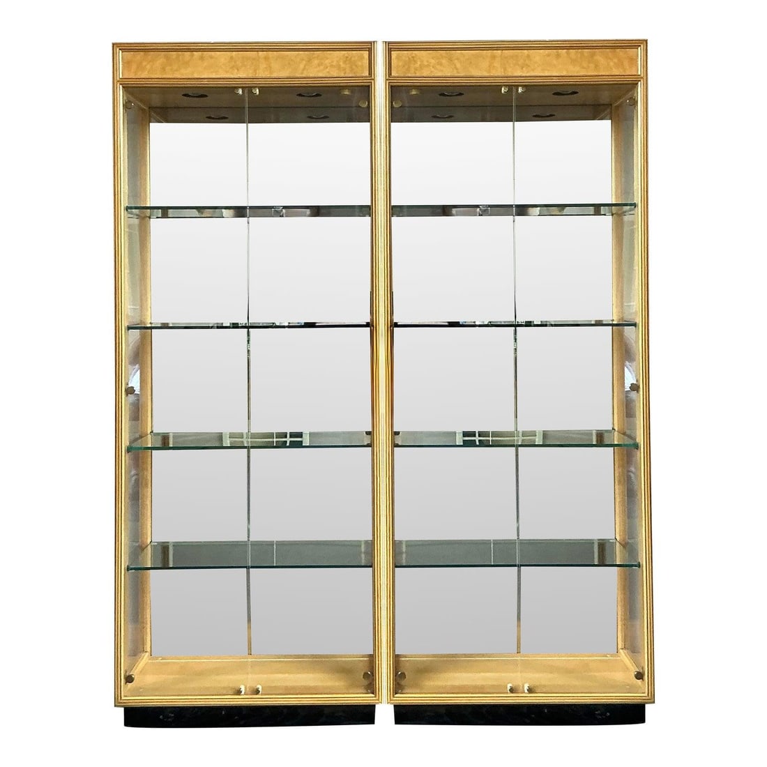 Pair of Burl Wood Scene Two Etageres with Glass Shelves: Pair of Burl Wood Scene Two Etageres with Glass Shelves This pair of vintage Henredon Scene Two etageres showcases sophisticated 1980s design, crafted with striking burl wood framing that highlights i