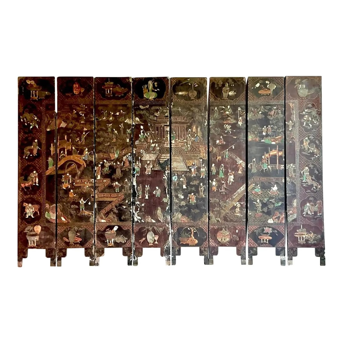 Eight-Panel Chinese Coromandel Lacquer Screen with Carved Wood and Painted Scenes: Eight-Panel Chinese Coromandel Lacquer Screen with Carved Wood and Painted Scenes This vintage eight-panel Coromandel screen exemplifies 19th-century Chinese lacquer artistry. Each wooden panel is dee