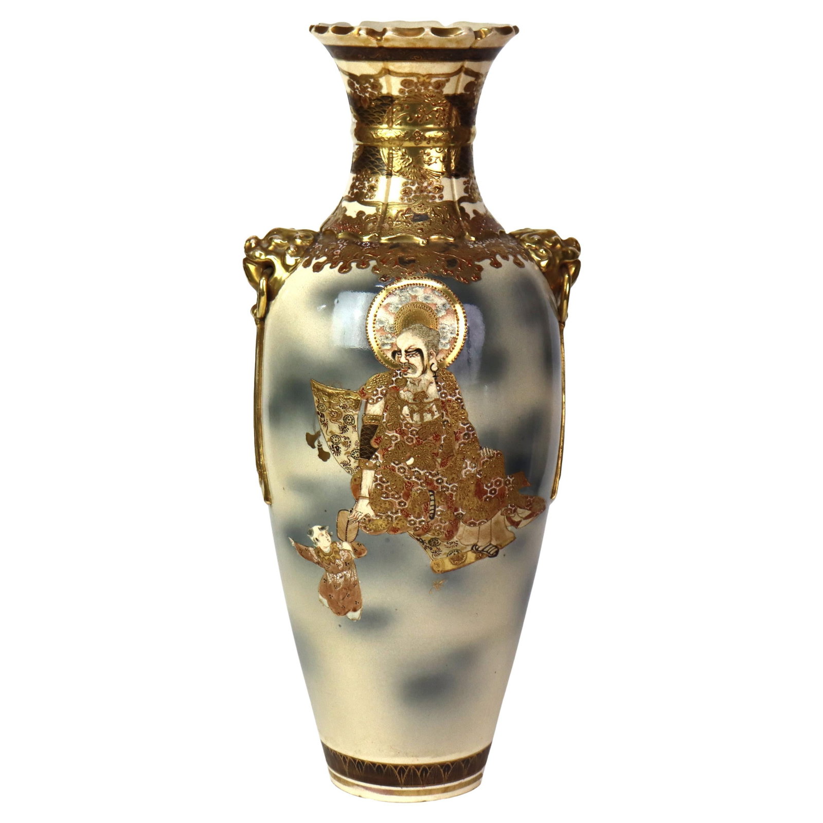 Antique Meiji Satsuma Gilt Pottery Vase Japan C1900: Antique Meiji Satsuma Gilt Pottery Vase Japan C1900 This exquisite Antique Japanese Meiji Satsuma Figural Gilt Pottery Vase, dating back to approximately 1900, exemplifies the intricate craftsmanship 