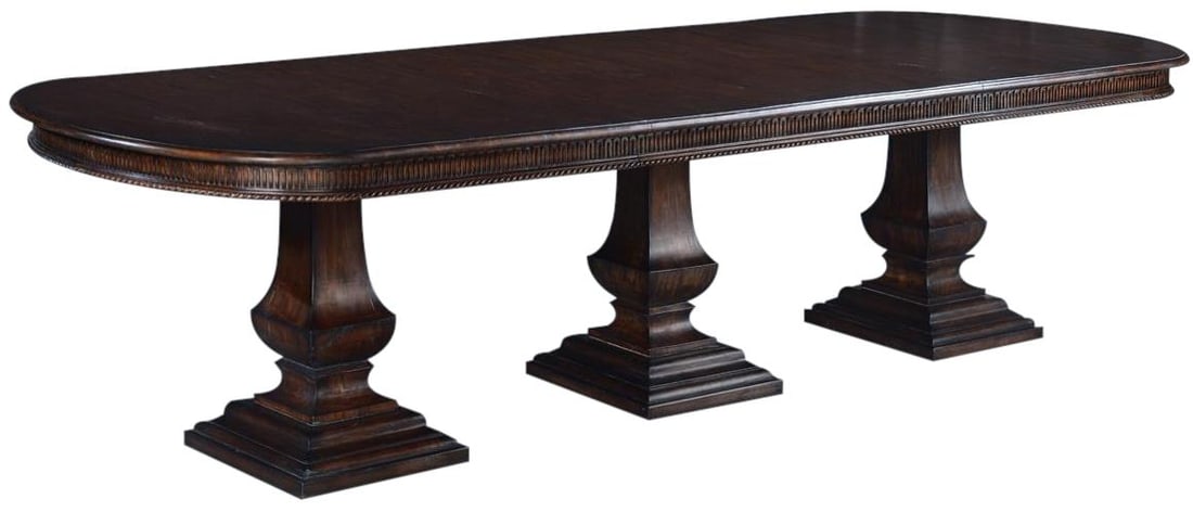 Tuscan Style Solid Wood Triple Pedestal Pastry Table 130-In Oval Top: Tuscan Style Solid Wood Triple Pedestal Pastry Table 130-In Oval Top This Elegant Tuscan Pastry Table is a must-have for home bakers seeking both style and functionality. Crafted from solid wood, it f