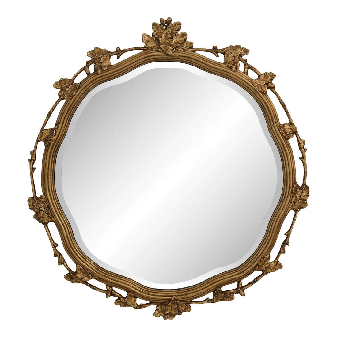 Gold Giltwood Wall Mirror Model 1446B with Beveled Glass and Leaf Motif: Gold Giltwood Wall Mirror Model 1446B with Beveled Glass and Leaf Motif This Friedman Brothers Model 1446B George III style hanging mirror features a finely carved giltwood frame with a French-style l