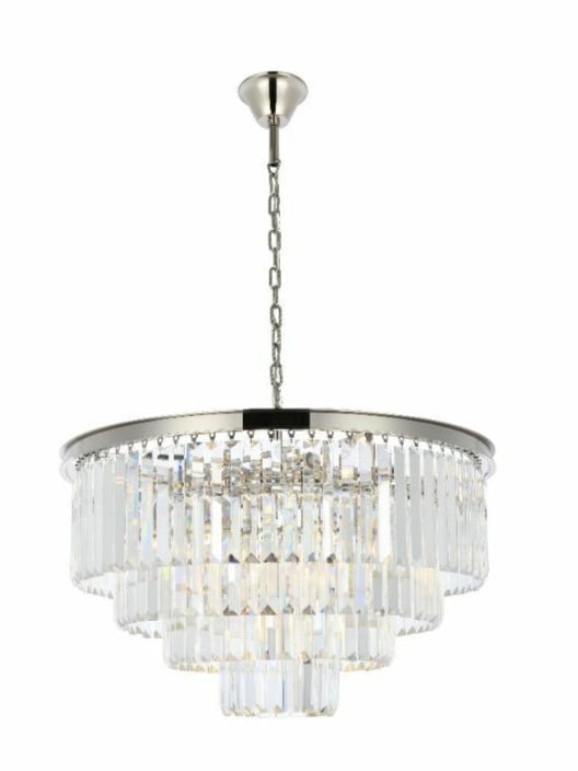 Sydney Crystal 17-Light Nickel Chandelier 32 inch: Sydney Crystal 17-Light Nickel Chandelier 32 inch This modern crystal chandelier features a polished nickel frame and high-quality clear crystals, offering a sophisticated lighting solution for variou