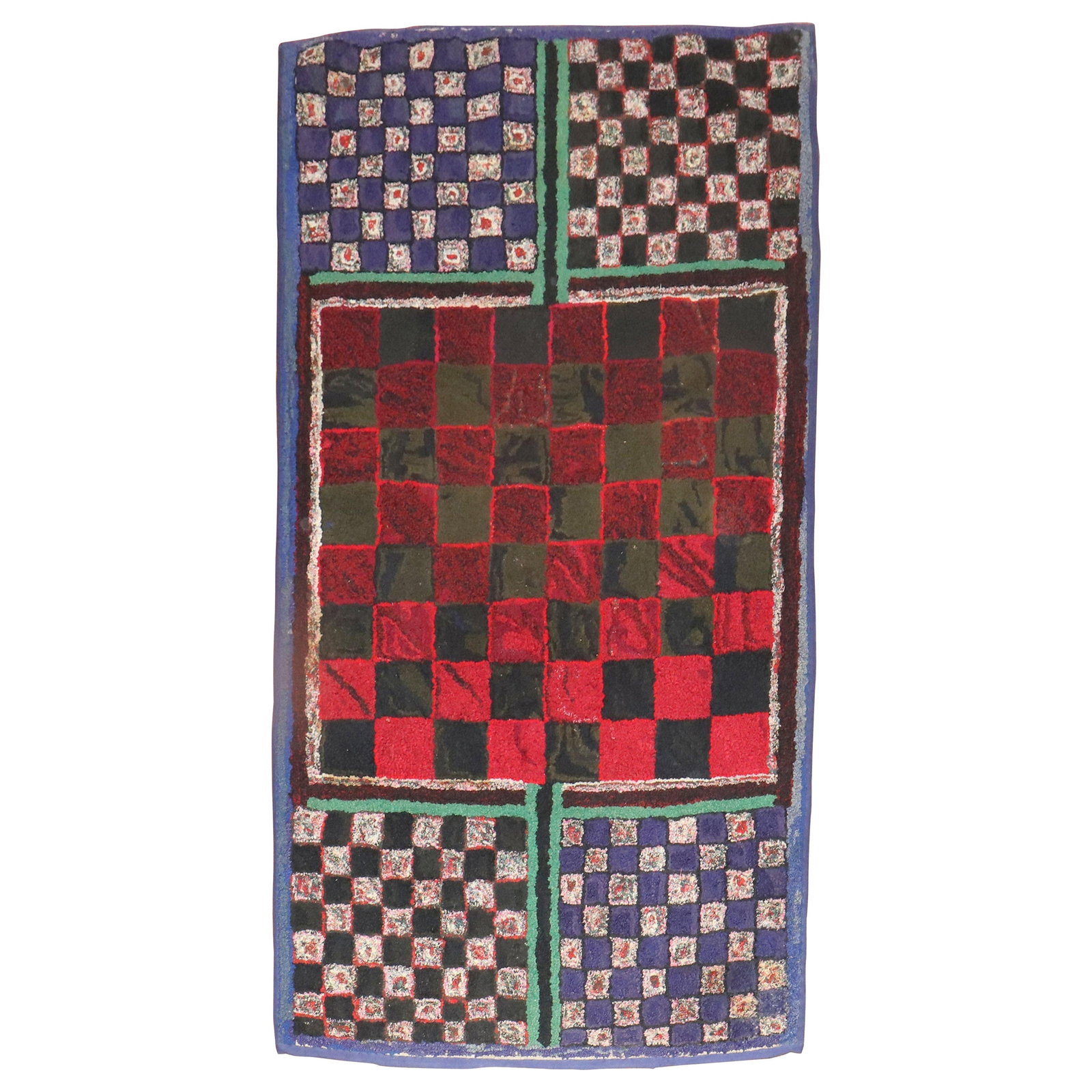 Mid-Century Modern Handmade Wool Checkerboard Chess Rug 36 x 67: Mid-Century Modern Handmade Wool Checkerboard Chess Rug 36 x 67 This unique American Hooked Checkerboard Chess Rug showcases a captivating irregular checkerboard pattern that adds a touch of Mid-Centu