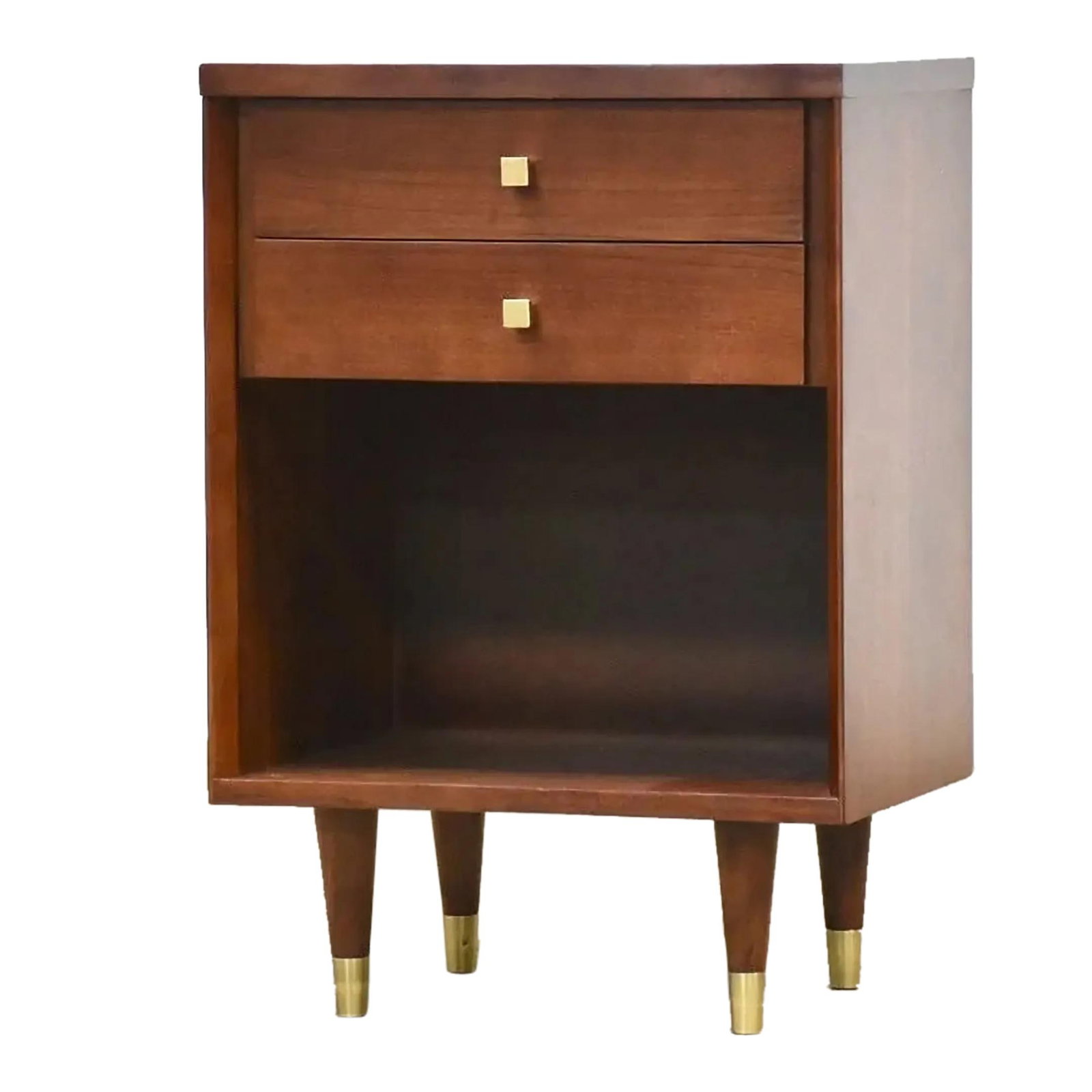 Mid Century Modern John Stuart Walnut Nightstand 2 Drawers: Mid Century Modern John Stuart Walnut Nightstand 2 Drawers This elegant mid-century modern nightstand, designed by John Stuart, features a beautiful walnut finish and two spacious drawers for storage.