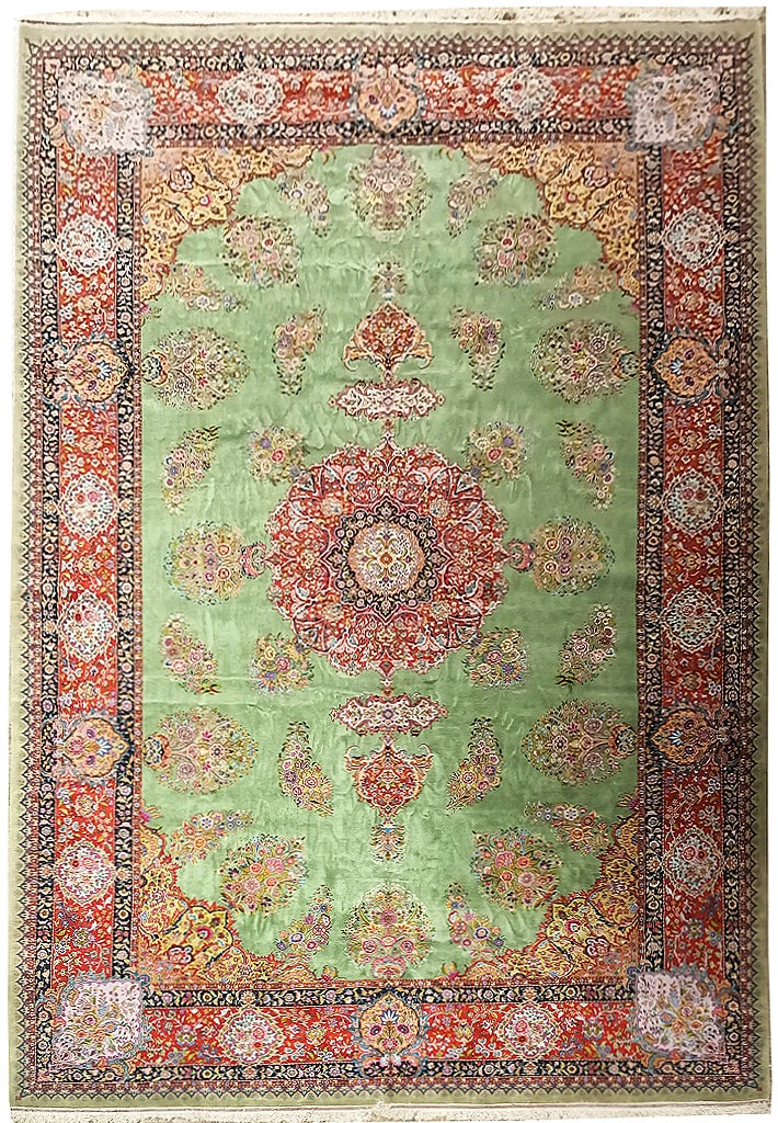 Authentic Persian Tabriz Rug 11.1 x 17.6 Green Wool Silk Pre-Revolution: Authentic Persian Tabriz Rug 11.1 x 17.6 Green Wool Silk Pre-Revolution Free continental US Shipping Experience the timeless elegance of this exquisite 11.1' x 17.6' Authentic Persian Tabriz Rug, a st