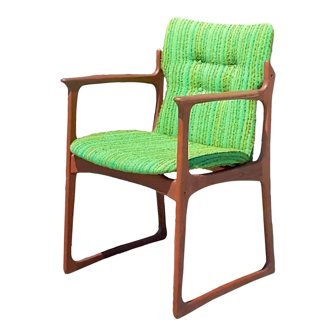 Vintage Danish Vamdrup Stolefabrik Teak Arm Chair with Green Boucle Upholstery: Vintage Danish Vamdrup Stolefabrik Teak Arm Chair with Green Boucle Upholstery Experience the charm of mid-century modern design with this vintage Danish arm chair from the renowned Vamdrup Stolefabri