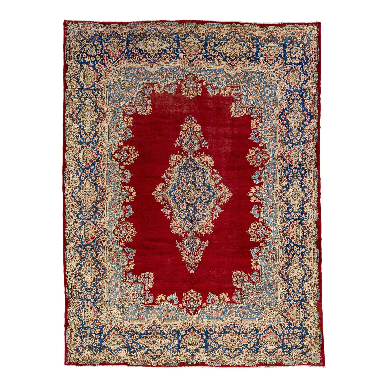 Vintage 1960s Persian Kerman Hand-Knotted Floral Wool Rug 9'9 x 13'1: Vintage 1960s Persian Kerman Hand-Knotted Floral Wool Rug 9'9 x 13'1 Discover the elegance of this vintage 1960s Persian Kerman handmade rug, featuring a stunning red color field complemented by a blu