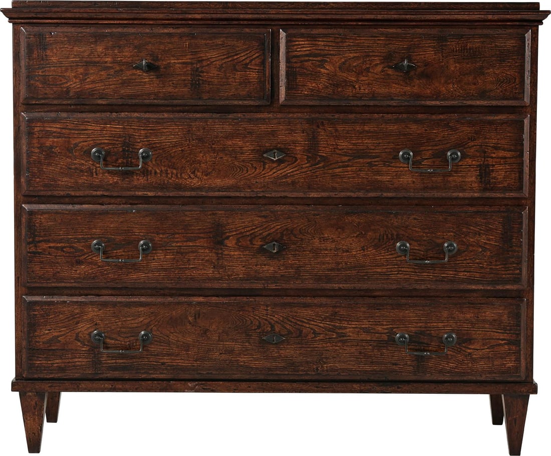 Theodore Alexander Lord Spencer Oak Veneer Chest of Drawers: Theodore Alexander Lord Spencer Oak Veneer Chest of Drawers This is an un-used chest of drawers crafted in an antique or vintage style. The piece features a rectangular shape and is constructed with o