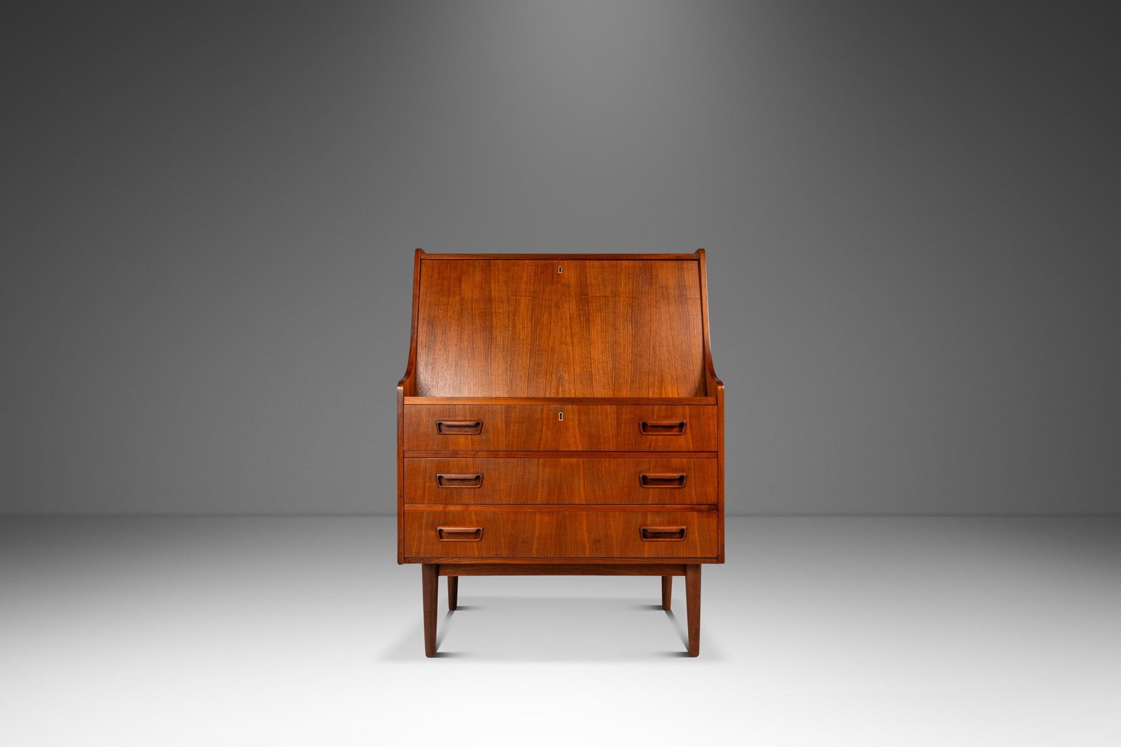 1960s Maurice Villency Danish Walnut Drop-Front Secretary Desk: 1960s Maurice Villency Danish Walnut Drop-Front Secretary Desk This rare Danish Mid-Century Modern secretary desk, designed by Maurice Villency in the 1960s, showcases a distinctive drop-down desktop 
