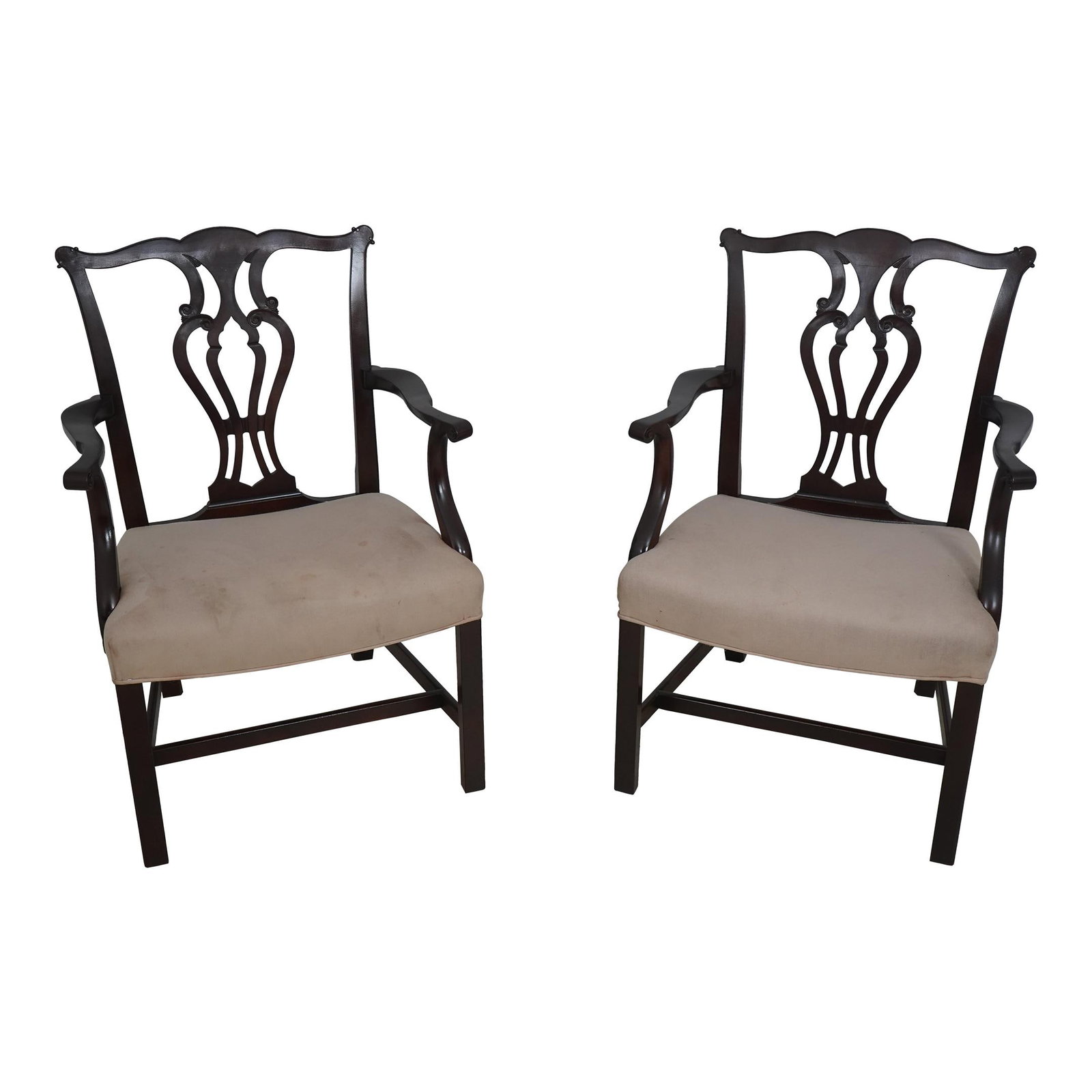Elegant Pair of Saybolt Cleland Chippendale Mahogany Armchairs: Elegant Pair of Saybolt Cleland Chippendale Mahogany Armchairs This elegant pair of Saybolt Cleland Chippendale armchairs showcases timeless craftsmanship and classic design. With a rich mahogany fini