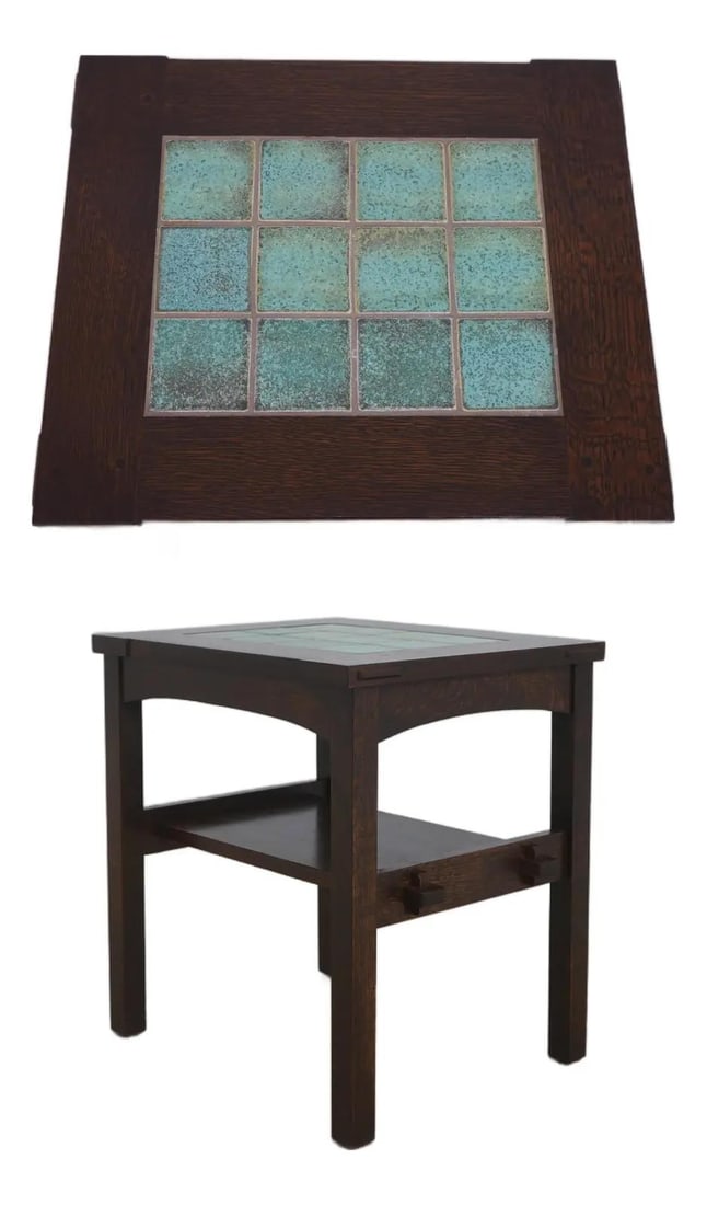 Arts Crafts Oak Lamp Table with Green Tile Top Stickley (1 of 10)