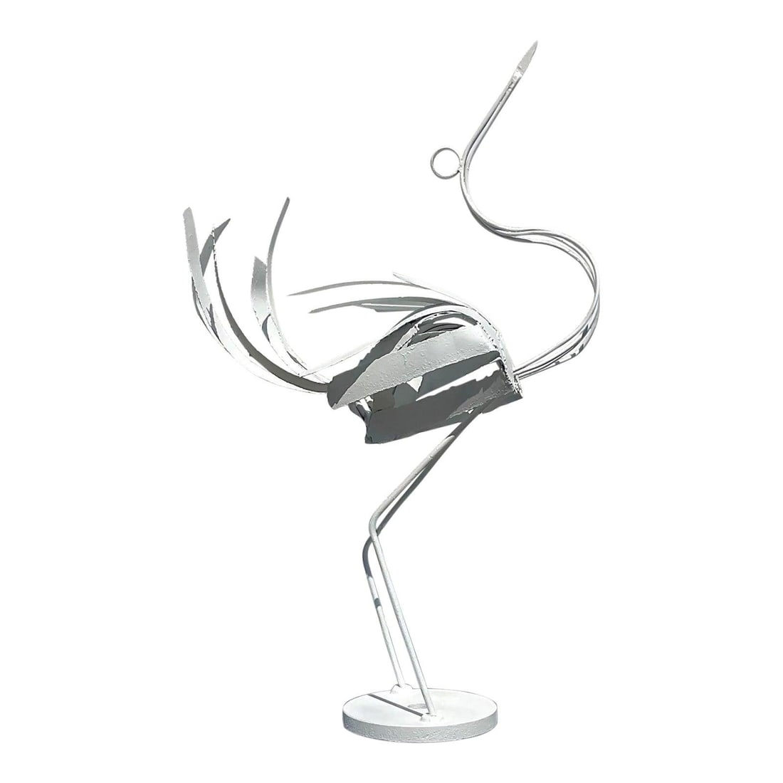Monumental White Wrought Iron Crane Modernist Sculpture on Circular Base: Monumental White Wrought Iron Crane Modernist Sculpture on Circular Base This monumental vintage sculpture depicts a crane in flight, expertly crafted from wrought iron with an abstract, open-work des