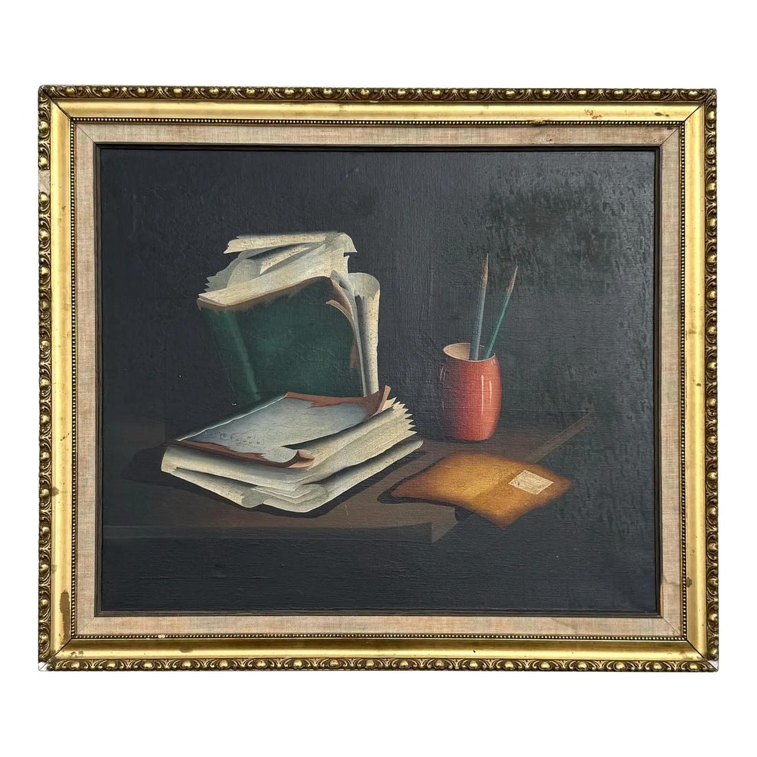 1948 Oil Painting of Still Life Scene on Canvas in Ornate Frame: 1948 Oil Painting of Still Life Scene on Canvas in Ornate Frame This vintage oil painting from 1948 presents a moody and evocative still life, depicting an intimate desk scene with weathered books, sc