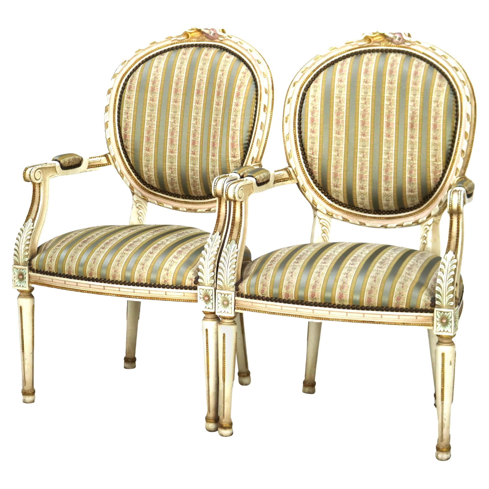 Set of 2 Vintage French Louis XVI Style Upholstered Armchairs C1940: Set of 2 Vintage French Louis XVI Style Upholstered Armchairs C1940 This elegant pair of vintage French armchairs embodies the timeless Louis XVI style, dating back to circa 1940. Each chair features 