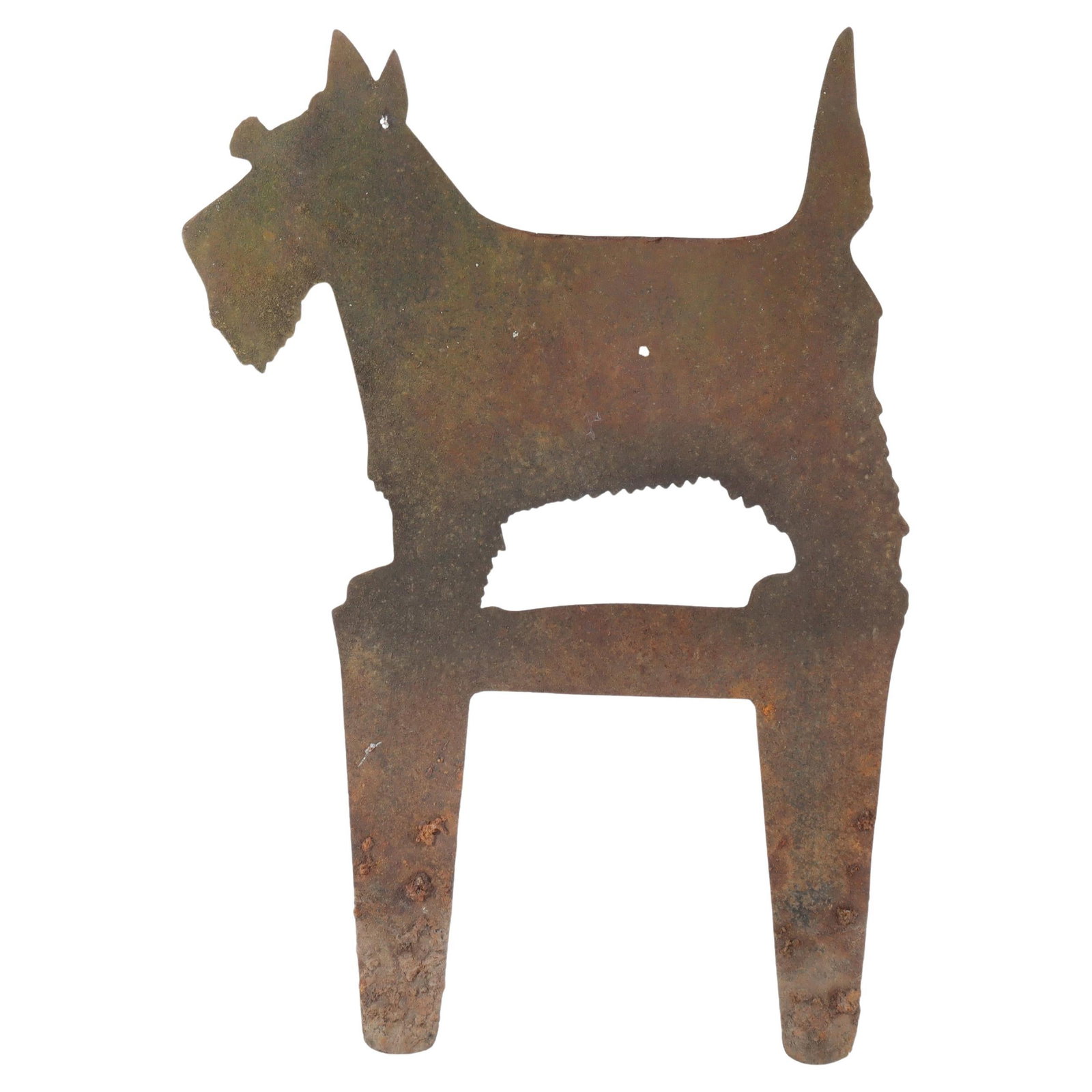 Wrought Iron Scottie Dog Lawn Silhouette Early 20th Century Americana: Wrought Iron Scottie Dog Lawn Silhouette Early 20th Century Americana This early 20th century Americana garden sculpture features a silhouette cutout of a Scottie dog crafted from wrought iron. Dating