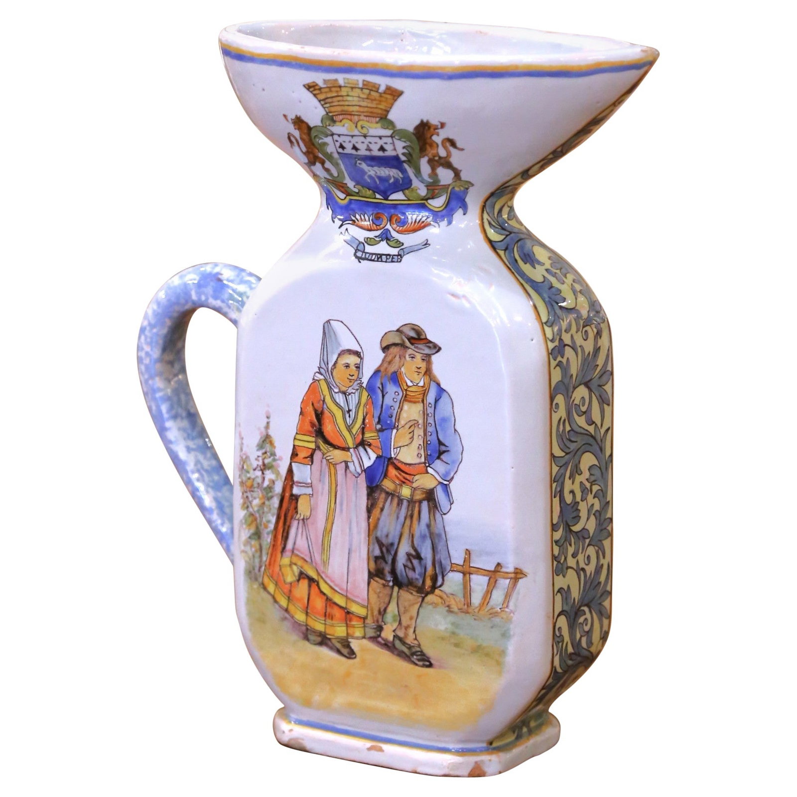 Hand-Painted Quimper Faience Pitcher Vase with Breton Figures and Heraldic Crest (1 of 14)