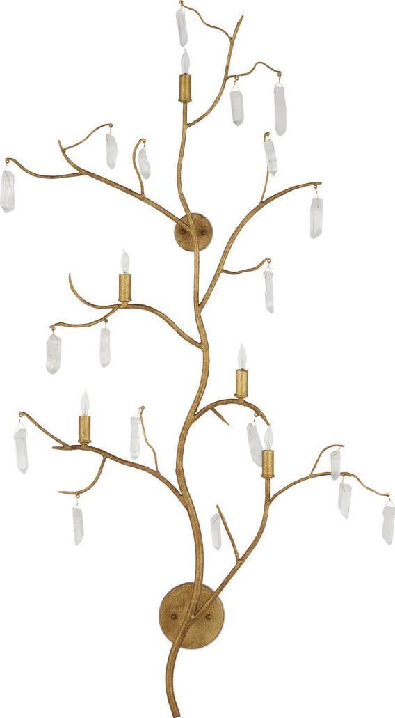 Currey Art Nouveau Tree-Like Wall Sconce in Light Gold Finish: Currey Art Nouveau Tree-Like Wall Sconce in Light Gold Finish Illuminate your space with this exquisite tree-like wall sconce, designed in the elegant Art Nouveau style. Crafted from crystal and wroug