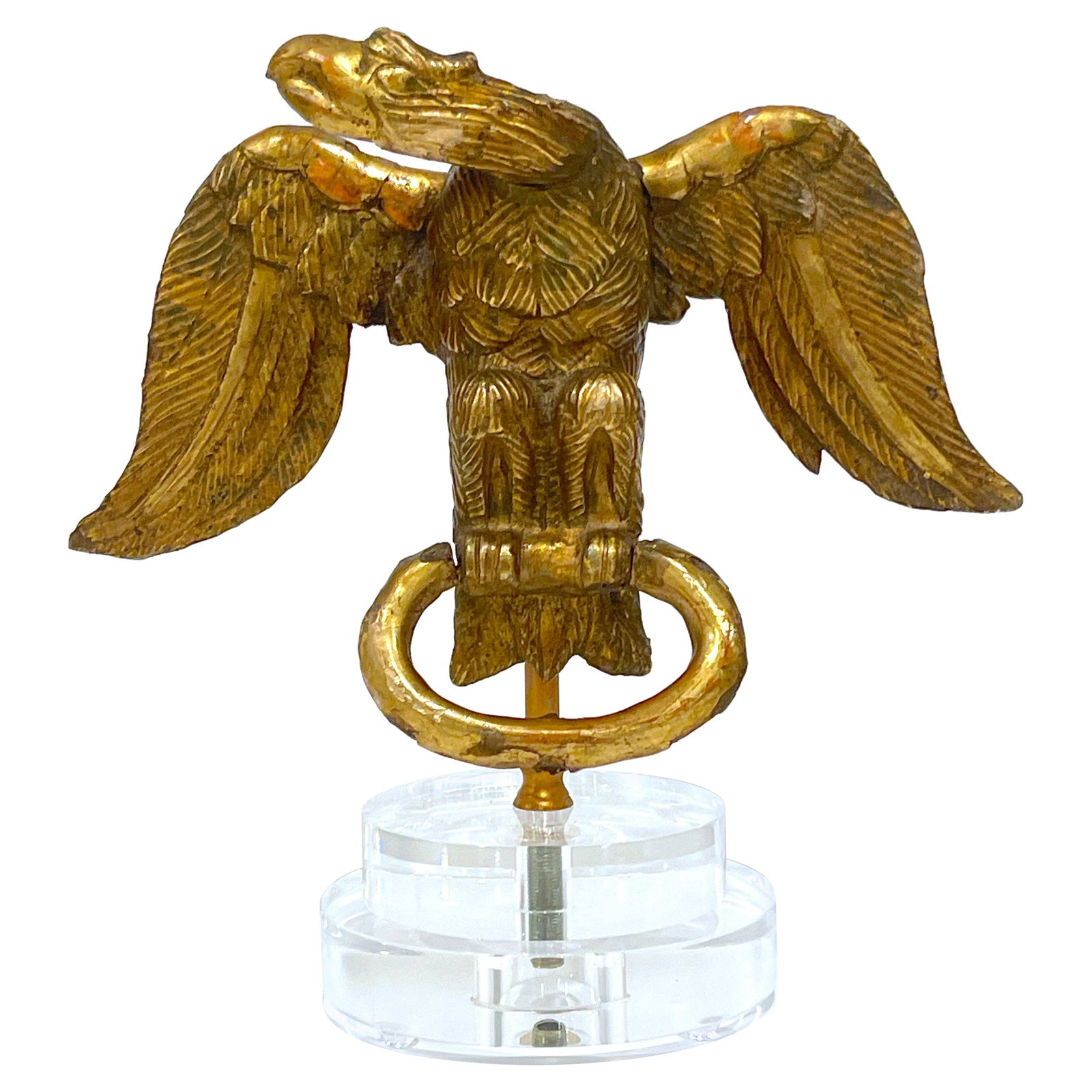 18th Century English Giltwood Eagle Sculpture on Lucite Base: 18th Century English Giltwood Eagle Sculpture on Lucite Base This exquisite 18th-century English carved giltwood eagle, from the Georgian period, is a stunning representation of artisan craftsmanship.