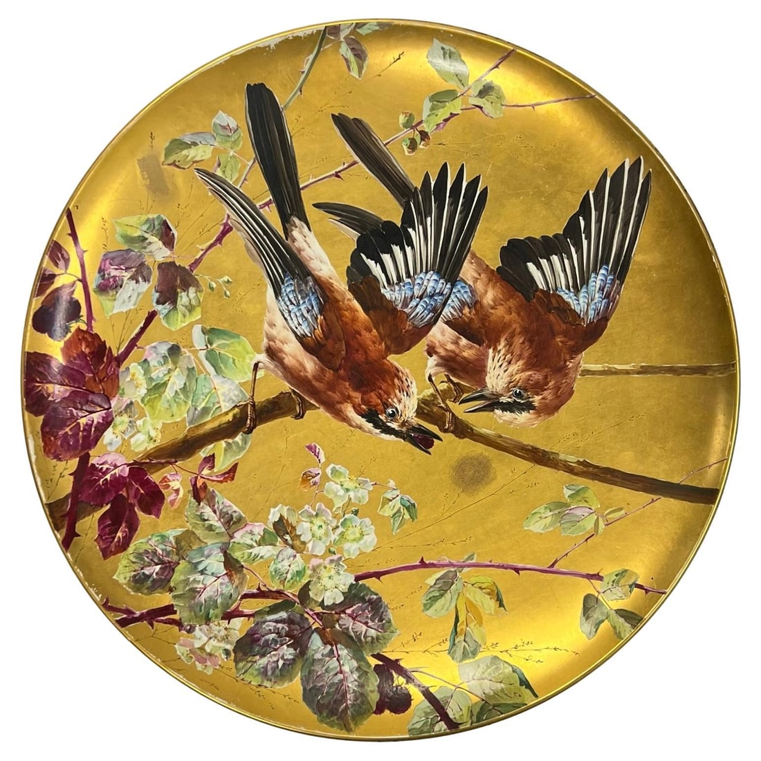 Hand-Painted Faience Charger with Songbirds by Montereau France c1880: Hand-Painted Faience Charger with Songbirds by Montereau France c1880 This late 19th-century French faience charger by Montereau B et Cie features a hand-painted ornithological scene with two perched 