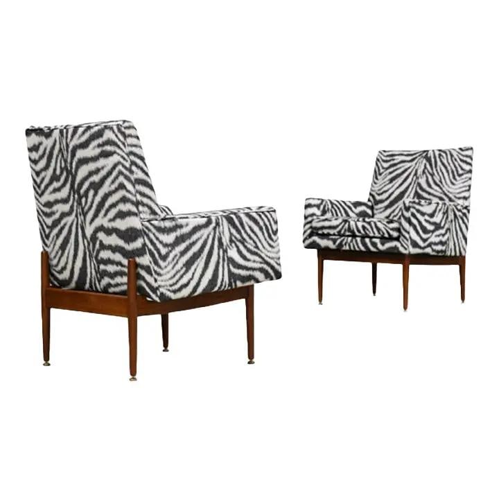 Pair of Zebra Upholstered Walnut Lounge Chairs by Jens Risom 1950s (1 of 8)