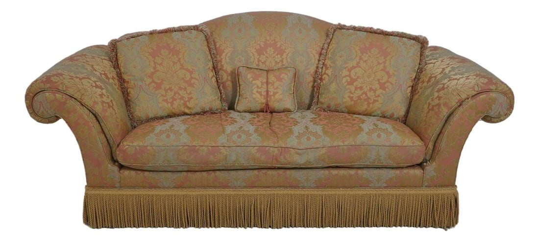 Elegant Damask Sofa with Bullion Fringe and Down Cushion Upholstery: Elegant Damask Sofa with Bullion Fringe and Down Cushion Upholstery This elegant Baker sofa features sophisticated damask upholstery in a rich gold tone, complemented by a decorative bullion fringe sk