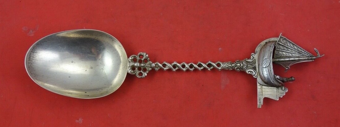 Dutch Sterling .833 Silver Berry Spoon 3-D Ship 8.5 Inch (1 of 2)