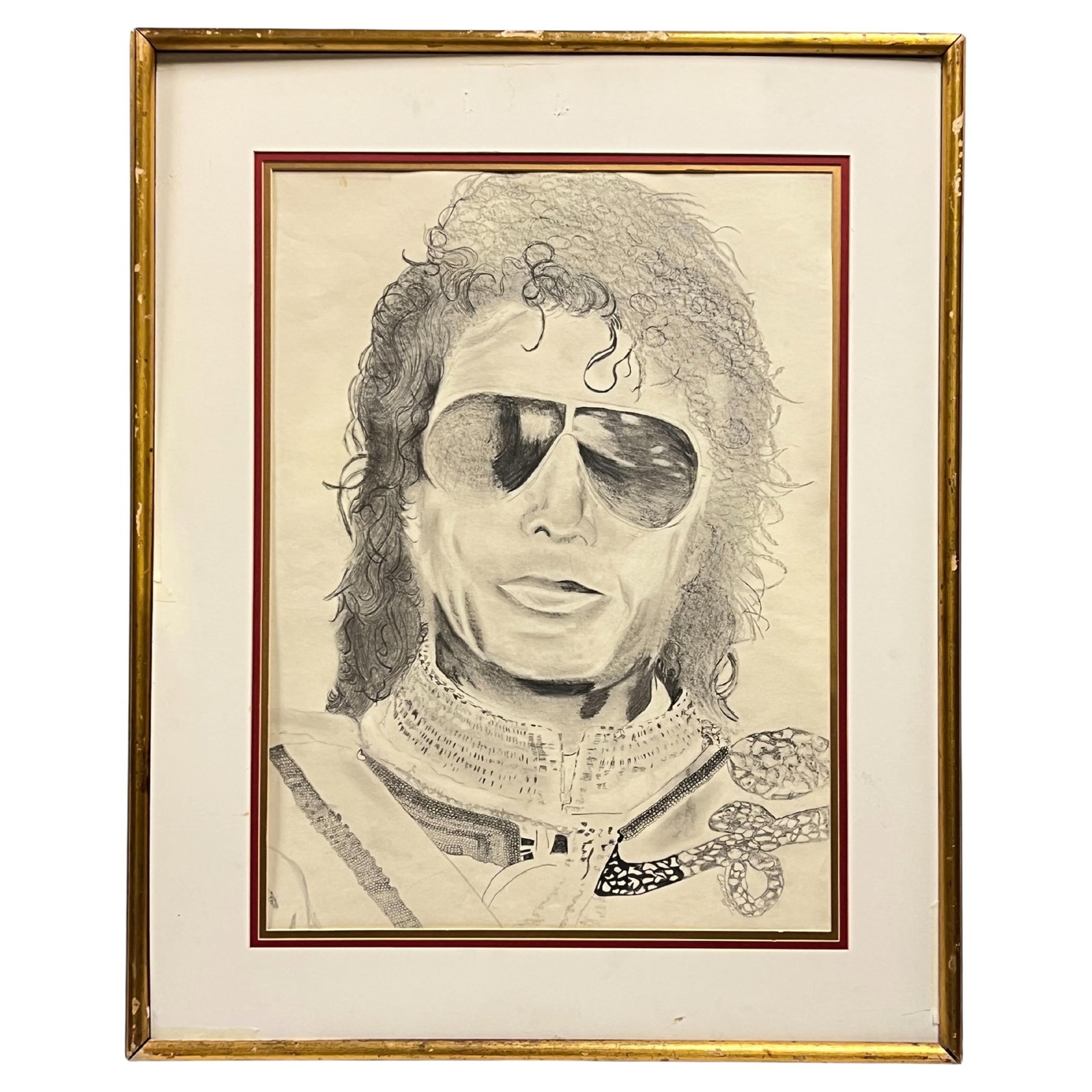 Charcoal Portrait of Michael Jackson by Charlotte 1983 in Giltwood Frame: Charcoal Portrait of Michael Jackson by Charlotte 1983 in Giltwood Frame This framed charcoal drawing, created by Charlotte in 1983, depicts Michael Jackson and is signed and dated by the artist. The 