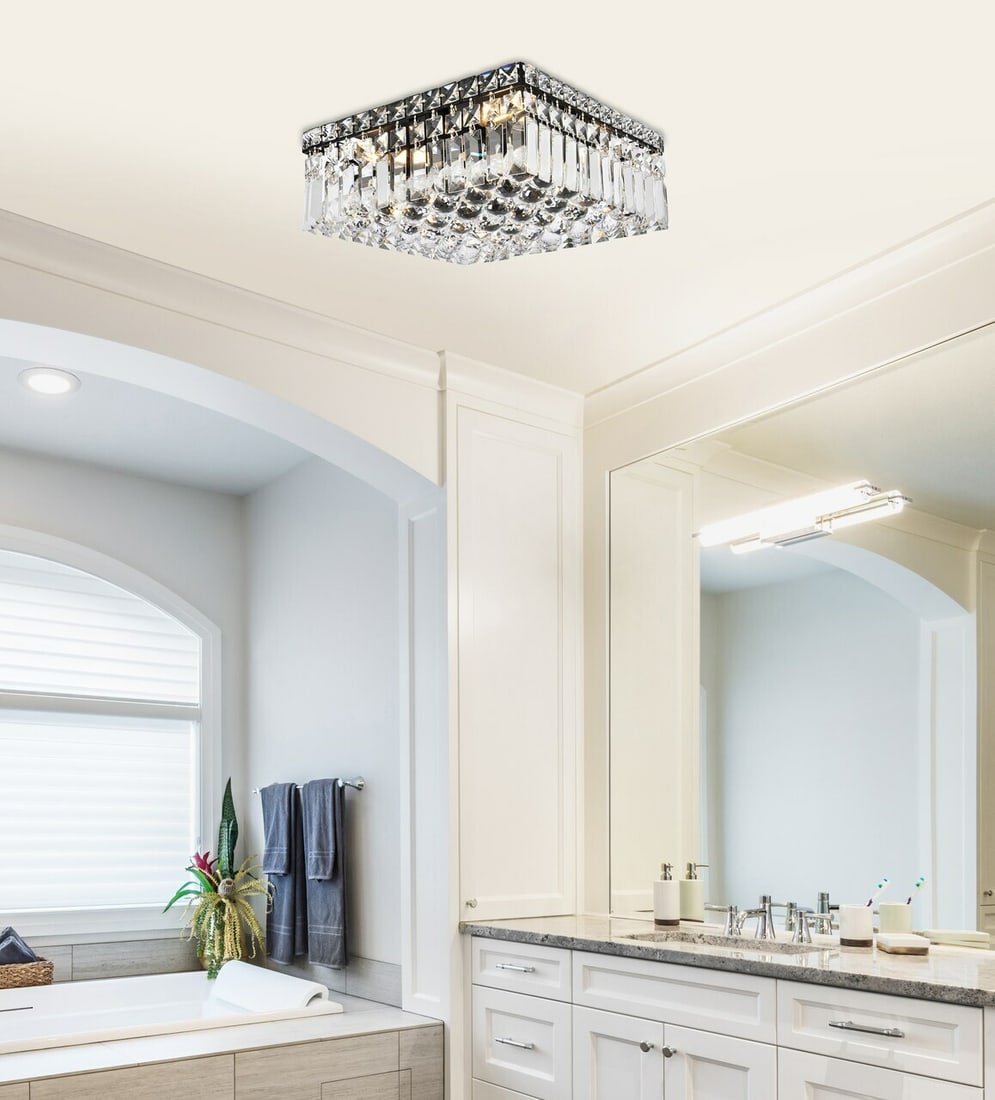 5 Light Royal Cut Crystal Flush Mount Chandelier Black Silver 14 Inch: 5 Light Royal Cut Crystal Flush Mount Chandelier Black Silver 14 Inch This modern flush mount chandelier features a black and silver frame with high-quality royal cut clear crystals. Designed for indo