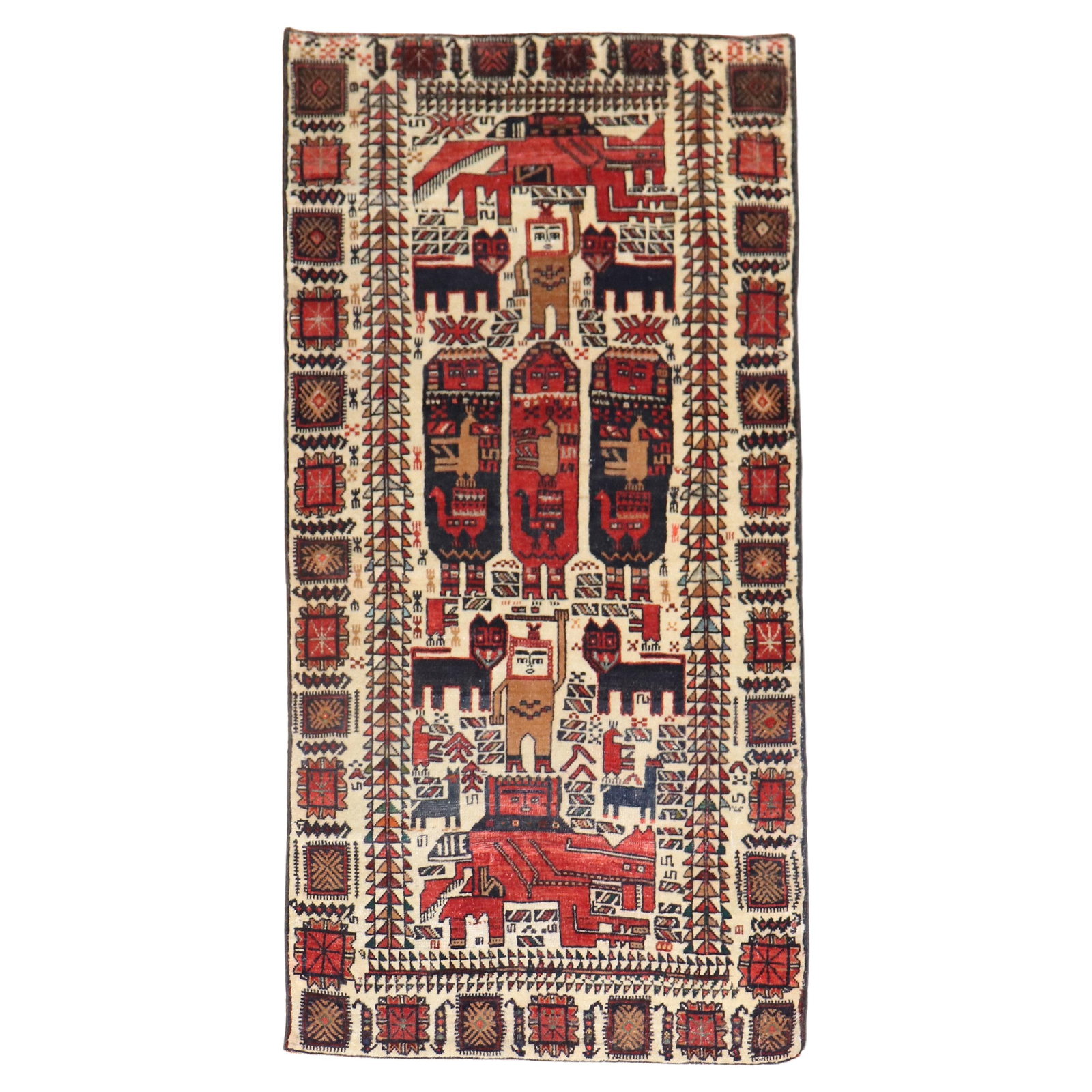 Vintage Persian Balouch Rug Folk Art Hand-Knotted Wool 35 x 70: Vintage Persian Balouch Rug Folk Art Hand-Knotted Wool 35 x 70 This vintage Persian Balouch rug features a captivating pictorial design that reflects the rich heritage of folk art. Hand-knotted from