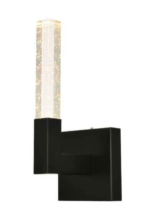 Noemi Black LED Wall Sconce with Crystal Shade: Noemi Black LED Wall Sconce with Crystal Shade This modern wall sconce features a sleek black finish and a single seeded crystal glass rod, offering a blend of contemporary elegance and functional lig
