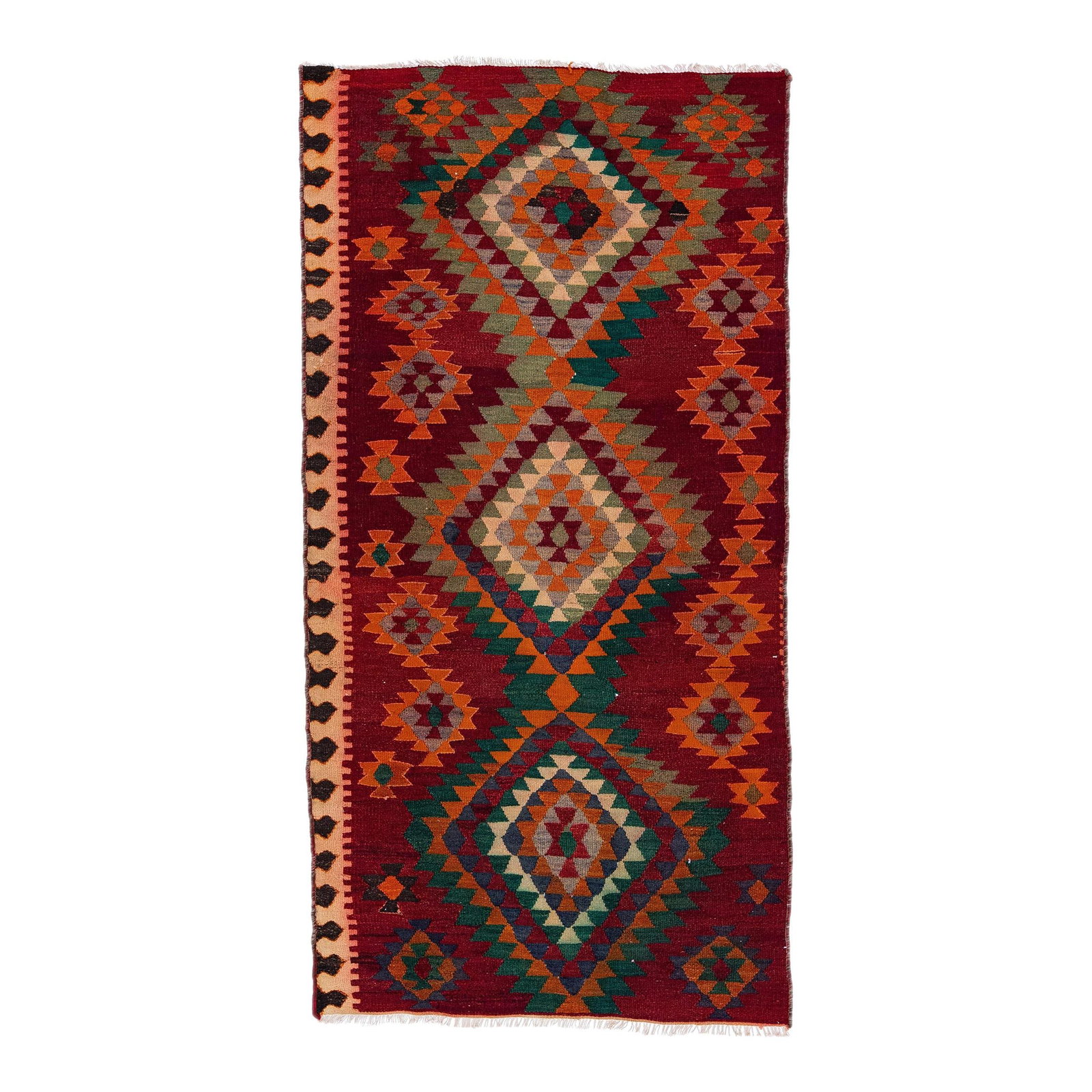 Vintage 1960s Turkish Kilim Red Wool Tribal Rug 4'4 x 8'7: Vintage 1960s Turkish Kilim Red Wool Tribal Rug 4'4 x 8'7 This stunning vintage Turkish Kilim rug features a rich ruby red field adorned with multicolor accents in a captivating all-over geometric