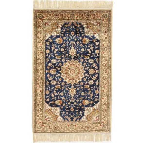 Elegant Handmade Silk Rug 2.6 x 4 ft in Blue: Elegant Handmade Silk Rug 2.6 x 4 ft in Blue Free continental US Shipping Enhance your space with this exquisite handmade silk rug, measuring 2.6 x 4 feet. Adorned in a beautiful blue hue, this rug