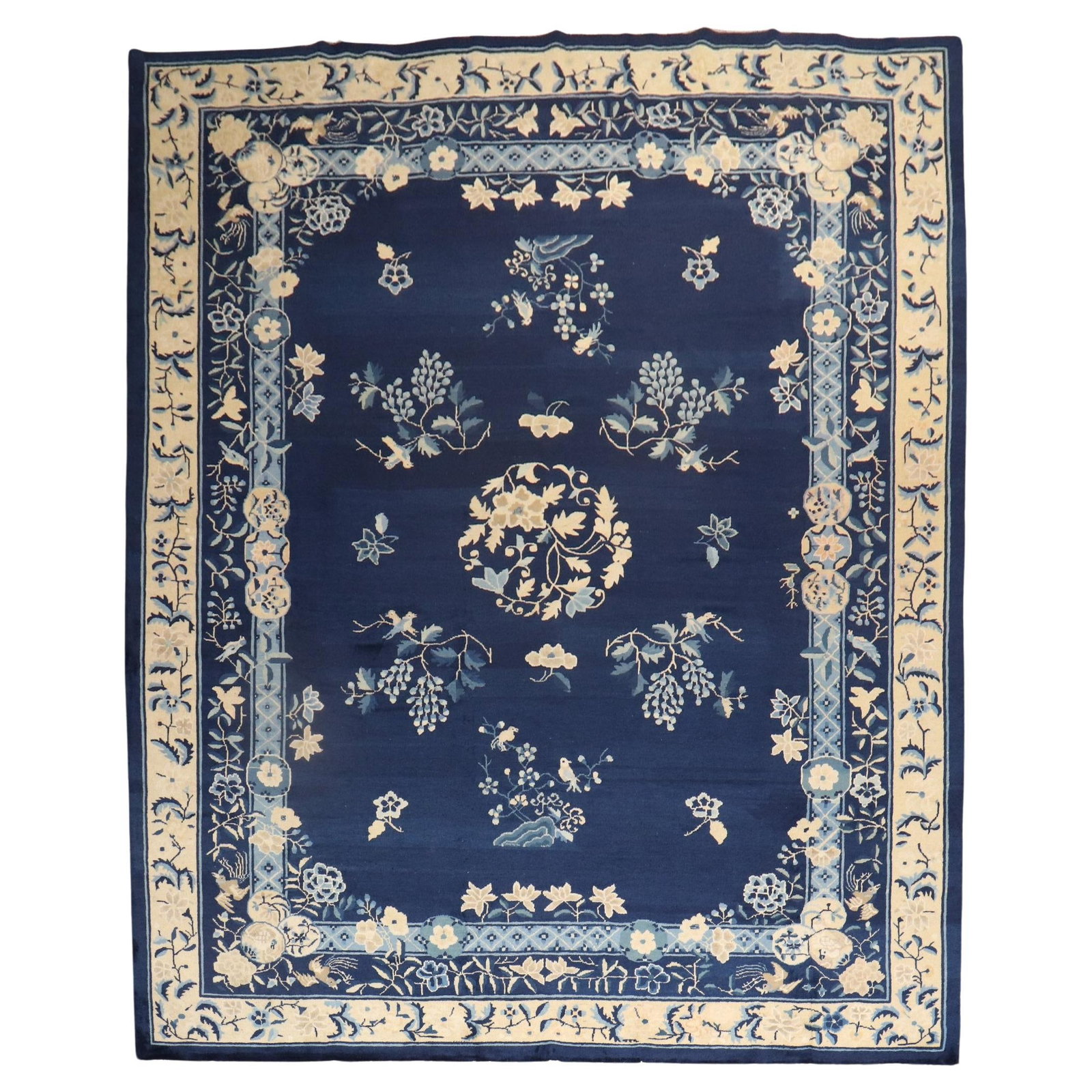 Art Deco Floral Blue Chinese Rug 107 x 138 Hand-Woven Wool (1 of 10)