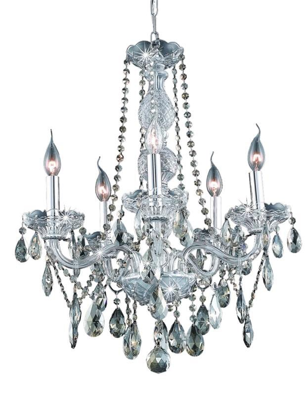 Verona 5-Light Chrome Crystal Chandelier 21 inch Golden Teak: Verona 5-Light Chrome Crystal Chandelier 21 inch Golden Teak This pre-owned chandelier features a modern chrome-plated frame adorned with golden teak, royal cut teardrop crystals. Designed in the Vene