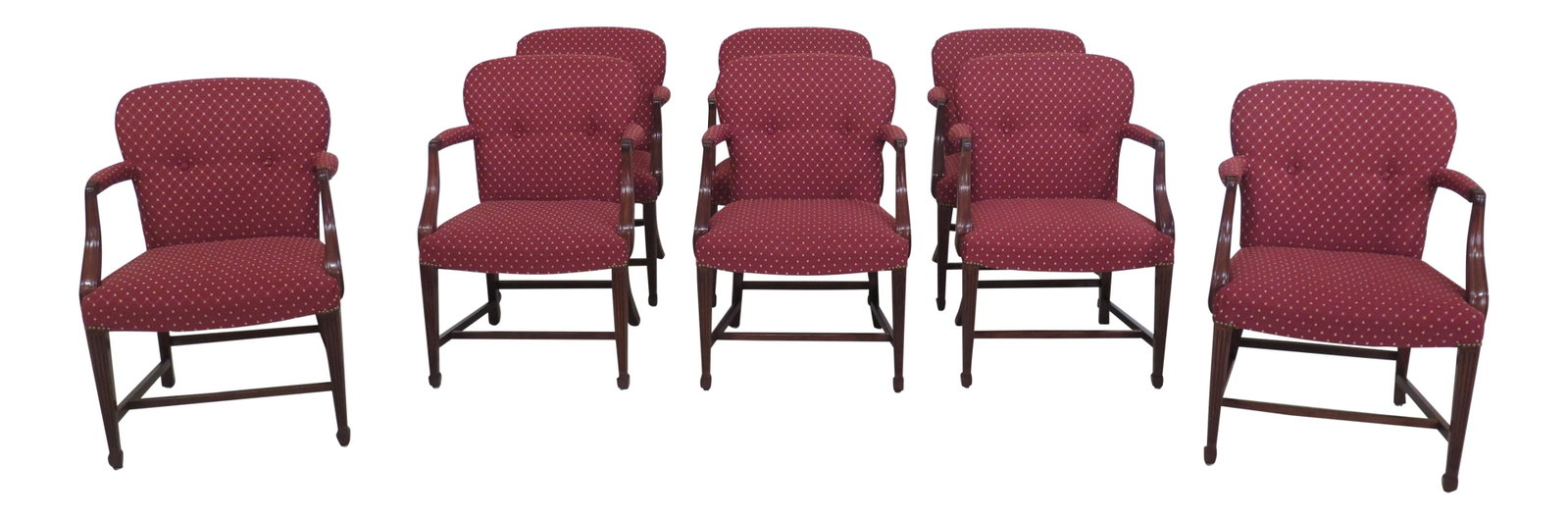 Elegant Set of 8 Chippendale Mahogany Armchairs with Red Upholstery: Elegant Set of 8 Chippendale Mahogany Armchairs with Red Upholstery Enhance your workspace with this set of 8 newly upholstered Chippendale mahogany armchairs, crafted for both elegance and durability