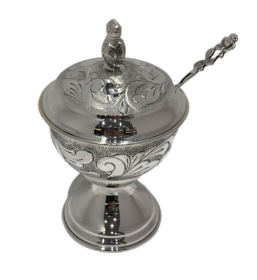 Handmade 925 Sterling Silver Gilded Floral Honey Dish & Spoon: Handmade 925 Sterling Silver Gilded Floral Honey Dish & Spoon This exquisite honey dish and spoon set is crafted from fine 925 sterling silver with gilded accents, showcasing intricate handmade floral