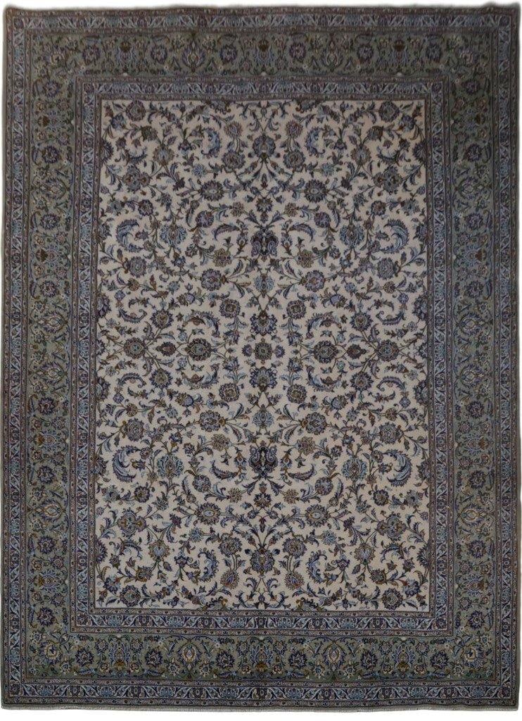 Handcrafted 14'1 x 10'2 Ivory Green Persian Kashan Rug Signed: Handcrafted 14'1 x 10'2 Ivory Green Persian Kashan Rug Signed Free continental US Shipping Enhance your home decor with the exquisite 14.1' x 10.2' Ivory Green Signed Persian Kashan Rug, a true