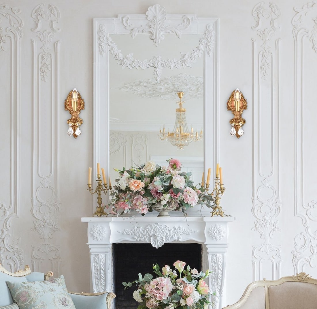 Monarch French Gold Crystal Wall Sconce 1 Light: Monarch French Gold Crystal Wall Sconce 1 Light This French gold wall sconce features a beautiful frame adorned with royal cut clear crystal pendants, offering a touch of elegance to any indoor space.