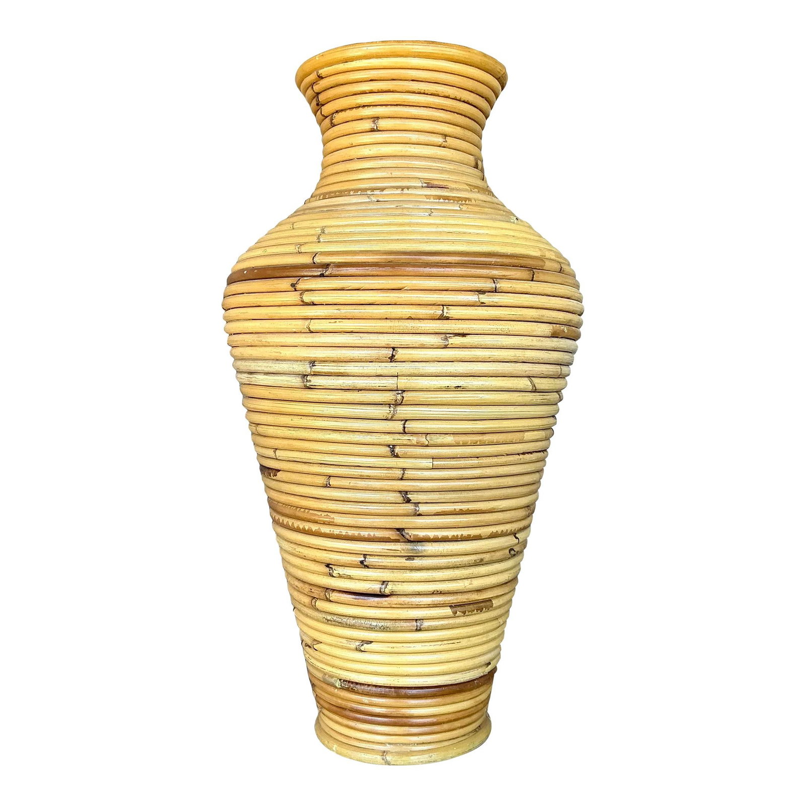 Vintage Coastal Reed Floor Vase 25.75 Tall Bohemian Elegance: Vintage Coastal Reed Floor Vase 25.75 Tall Bohemian Elegance Enhance your decor with this exquisite vintage coastal floor vase, skillfully made from coiled pencil reed. The elegantly tapered shape