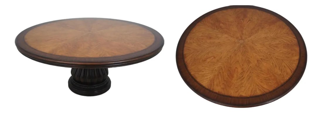 Century Mahogany Round Table with Pecan Inlay and Pedestal Base: Century Mahogany Round Table with Pecan Inlay and Pedestal Base This impressive round table features a rich mahogany construction with exquisite pecan inlaid details. Crafted approximately 20 years