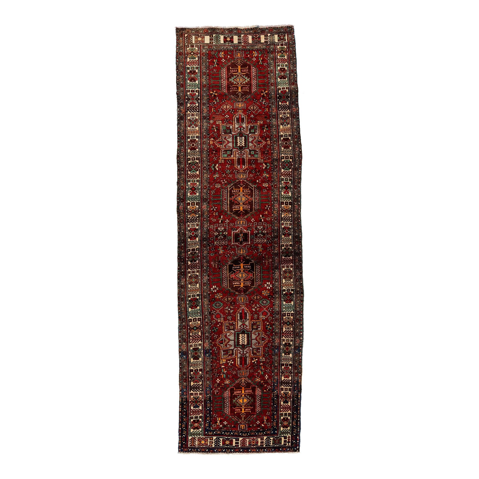 Red Handmade Persian Heriz Wool Rug 3'1'' x 10'9'' Tribal Design: Red Handmade Persian Heriz Wool Rug 3'1'' x 10'9'' Tribal Design Enhance your space with this stunning Red Vintage Persian Heriz Wool Rug, meticulously handmade to showcase a vibrant red field adorned
