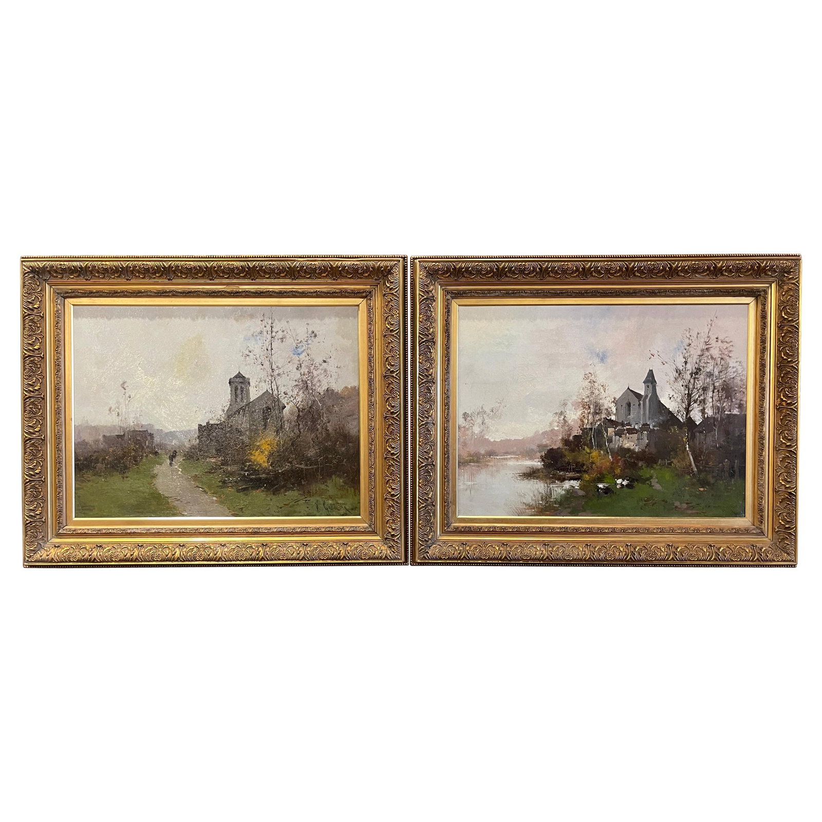 Antique Pair of 19th Century Oil Paintings by E. Kermanguy: Antique Pair of 19th Century Oil Paintings by E. Kermanguy This exquisite pair of late 19th-century framed oil paintings, each signed by E. Kermanguy (a pseudonym of the renowned artist Eugene Galien-